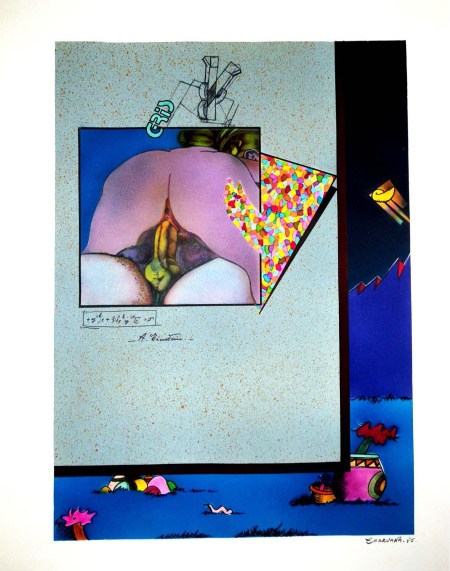 Jorge Carruana Bances, Sin título, 1985, (Coppia che scopa, e=mc2 e paesaggio), Serie Fumetti, Sesso, Guerra, Tempera sobre cartulina, 430 x 330 mm